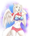  2016 aimi angel canine celeste_falore clothed clothing clothing_lift detailed digital_media_(artwork) female fur hair long_hair mammal pinup pose presenting shirt shirt_lift solo tagme white_fur white_hair white_wings wings wolf yellow_eyes 
