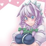  blue_eyes blush bow bowtie braid breast_hold breasts commentary_request green_bow green_neckwear hair_bow izayoi_sakuya looking_at_viewer maid maid_headdress puffy_short_sleeves puffy_sleeves ryuuno_stadtfeld short_hair short_sleeves silver_hair solo touhou twin_braids upper_body 