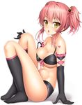  bikini black_bikini black_gloves black_legwear breasts chestnut_mouth cleavage elbow_gloves gloves idolmaster idolmaster_cinderella_girls jougasaki_mika lambda_(kusowarota) large_breasts looking_at_viewer no_shoes open_mouth pink_hair sitting solo swimsuit tattoo thighhighs two_side_up underboob yellow_eyes 