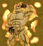  2016 abs anso/rez armpits balls biceps clothing digital_media_(artwork) erection eyewear fingerless_gloves gloves goggle_golem goggles golem holding_penis humanoid looking_at_viewer male mineral muscular not_furry nude pecs penis rock solo yu-gi-oh 