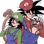  1boy 1girl ? anger_vein bardock black_eyes black_hair blue_overalls blush closed_mouth commentary cosplay crossover dragon_ball dragon_ball_minus fake_facial_hair fake_mustache flying_sweatdrops gine gloves goomba green_hat green_shirt hat highres husband_and_wife ireba_sui long_sleeves looking_at_another luigi luigi_(cosplay) mario mario_(cosplay) mario_(series) overalls red_hat red_shirt scar scar_on_cheek scar_on_face shirt smile spiked_hair symbol-only_commentary tail twitter_username upper_body white_gloves 