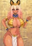 1girl absurdres ancient_egyptian armlet blue_eyes blush bracelet breasts brown_hair cleavage closed_mouth dark-skinned_female dark_skin eyebrows_hidden_by_hair gradient_hair groin hair_between_eyes hand_on_own_hip highres huge_breasts jewelry looking_at_viewer medium_hair multicolored_hair nail_polish no_panties original pelvic_curtain pink_hair smile solo the_only_shoe 