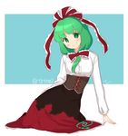  arm_at_side arm_support bad_id bad_twitter_id blush bow corset front_ponytail green_eyes green_hair hair_bow hair_ribbon hand_on_hip kagiyama_hina long_hair long_skirt long_sleeves meme_attire ribbon shirt sitting skirt smile solo tori_(otori) touhou twitter_username virgin_killer_outfit white_shirt 