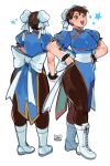  1girl ankle_boots artist_logo blue_dress boots bracelet breasts brown_eyes brown_hair brown_pantyhose bun_cover china_dress chinese_clothes chun-li clenched_hands commentary double_bun dress earrings english_commentary from_behind gold_trim hair_bun hands_on_own_thighs highres jewelry kamii_momoru large_breasts logo multiple_views muscular open_mouth outline pantyhose puffy_short_sleeves puffy_sleeves ribbon sash short_hair short_sleeves simple_background smile spiked_bracelet spikes star_(symbol) street_fighter teeth upper_teeth_only white_background white_boots white_outline white_ribbon white_sash 