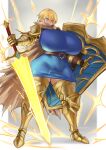  1girl arm_armor armor armored_boots artist_name belt blonde_hair blue_eyes blue_tunic boots border breasts brown_belt brown_cape cape commentary commission english_commentary gauntlets gigantic_breasts glowing glowing_sword glowing_weapon gold_armor highres holding holding_shield holding_sword holding_weapon leg_armor loincloth looking_at_viewer nastart original shield short_hair solo sparkle standing sword taut_clothes thick_thighs thigh_armor thighs torn_cape torn_clothes tunic twitter_username variant_set warrior weapon white_border wide_hips 