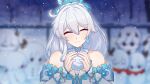 1girl absurdres ahoge bare_shoulders blurry blurry_background breasts character_snowman chinese_commentary commentary_request detached_sleeves dress earrings henjiwumei highres holding holding_snowball honkai_(series) honkai_impact_3rd jewelry kiana_kaslana kiana_kaslana_(ba-dum!_fiery_wishing_star) kiana_kaslana_(wintery_wishes) large_breasts long_hair official_alternate_costume smile snowball solo very_long_hair white_dress white_hair 