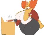 anthro belly big_breasts black_body black_fur breasts cooking curvy_figure delphox egg_(food) female fur generation_6_pokemon half-closed_eyes hand_on_hip hi_res holding_pan huge_breasts inner_ear_fluff looking_at_viewer narrowed_eyes navel nintendo pan pokemon pokemon_(species) red_body red_fur salchikokokoko simple_background solo standing tail tuft voluptuous white_background white_body white_fur wide_hips yellow_body yellow_fur