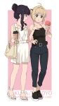  2girls aged_up anime_coloring bag belt black_hair black_shoes blonde_hair border brown_bag cardcaptor_sakura cardcaptor_sakura_clear_card_arc character_name clamp_(circle)_(style) commentary copyright_name daidouji_tomoyo denim drink fashion feet food hair_bobbles hair_ornament hair_up handbag highres hobo_bag holding holding_drink ice_cream jeans jewelry kinomoto_sakura laofuzi_dai_bansho legs multiple_girls necklace no_socks outside_border pants pink_background revision sandals shoes short_hair skirt stained_clothes standing toes white_border white_skirt 