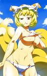  bikini bikini_lift blonde_hair blue_sky breasts cloud cowboy_shot day fox_tail hat highres large_breasts licking_lips multiple_tails navel pillow_hat short_hair sinzan sky solo sweat swimsuit tail tongue tongue_out touhou underboob white_bikini yakumo_ran yellow_eyes 