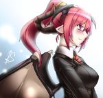  alternate_hairstyle blush breasts commentary_request demon_girl demon_horns demon_wings head_wings highres horns koakuma large_breasts long_hair long_sleeves necktie pointy_ears ponytail profile red_eyes red_hair red_neckwear ryuuno_stadtfeld smile solo touhou upper_body wings 