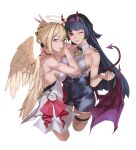  2girls ;) absurdres alternate_costume angel aragiken astra_yao bare_shoulders black_hair black_shorts blonde_hair blunt_ends braid braided_bun breasts collared_shirt commentary cropped_legs demon_girl demon_tail dress evelyn_chevalier fake_tail fake_wings hair_bun hairband high-waist_shorts highres large_breasts long_hair looking_at_viewer mole mole_under_eye multiple_girls one_eye_closed purple_eyes red_eyes shirt shirt_tucked_in short_hair shorts sleeveless sleeveless_dress sleeveless_shirt smile tail thigh_strap uneven_bangs v white_background white_dress wings zenless_zone_zero 