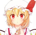  blonde_hair blush crystal eyebrows_visible_through_hair face flandre_scarlet hat hat_ribbon honotai looking_at_viewer mob_cap parted_lips portrait red_eyes ribbon shirt short_hair side_ponytail simple_background solo touhou vest white_background wings 