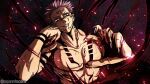 1boy arm_tattoo black_nails chest_tattoo commentary facial_tattoo forehead_tattoo highres jujutsu_kaisen looking_at_viewer male_focus multiple_tattoos muscular muscular_male noonvincent pectorals pink_hair ryoumen_sukuna_(jujutsu_kaisen) short_hair solo tattoo teeth twitter_username upper_body wrist_tattoo 