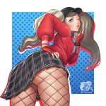  1girl ass baseball_cap black_hat blonde_hair blue_eyes blue_nails bracelet breasts fingerless_gloves fishnet_pantyhose fishnets gloves hand_on_own_hip hat headphones headphones_around_neck highres jewelry medium_breasts miniskirt pantyhose persona persona_5 persona_5:_dancing_star_night persona_dancing plaid_clothes plaid_skirt razillon red_gloves red_sweater skirt sweater takamaki_anne twintails 