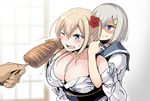  2girls bare_shoulders blonde_hair blue_eyes blush breasts cleavage closed_mouth collarbone commentary feeding flower food force_feeding graf_zeppelin_(kantai_collection) hair_flower hair_ornament hair_over_one_eye hairclip hamakaze_(kantai_collection) highres ijima_yuu ikayaki japanese_clothes kantai_collection kimono large_breasts motion_lines multiple_girls obi off_shoulder one_eye_closed open_mouth phallic_symbol restrained sailor_collar sash shaded_face short_hair side_ponytail silver_hair smirk tears teeth upper_body 