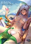  1girl armlet artist_name beach beach_towel beach_umbrella between_legs bikini blue_sky bracelet breasts chair character_name cloud coast creature cup drinking_glass erect_nipples eyebrows eyebrows_visible_through_hair eyes_closed fingernails folding_chair front-tie_bikini front-tie_top highres holding_glass horizon jewelry league_of_legends light_smile long_fingernails looking_at_viewer navel outdoors parted_lips ponytail qaz2365643 red_eyes ribbon riven_(league_of_legends) sand shade shore short_hair silhouette silver_hair sitting sky sleeping slime stomach summer swimsuit tattoo umbrella underboob water watermark web_address white_bikini white_ribbon wine_glass zac 