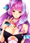  anza_tomo bare_shoulders blue_hair blush breasts cleavage cleavage_cutout close-up closed_mouth commentary_request detached_collar earrings eyebrows_visible_through_hair face hair_ornament highres jewelry large_breasts long_hair looking_at_viewer macross macross_delta mikumo_guynemer multicolored_hair purple_hair red_eyes smile solo streaked_hair upper_body 