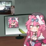  1girl :< absurdres animal_ear_fluff animal_ears beret black_hat black_tube_top blush breasts commentary crying crying_with_eyes_open cucumber fallout fallout_4 goggles goggles_on_head hair_intakes hat highres hololive hololive_english jacket large_breasts long_hair looking_at_viewer monitor multicolored_hair off_shoulder open_clothes open_jacket painting_(object) panther_ears panther_girl photo-referenced picture_frame pink_hair pink_jacket raora_panthera raora_panthera_(1st_costume) reference_inset runny_nose snot strapless streaked_hair symbol-only_commentary tears tsurukieeeeeak tube_top upper_body virtual_youtuber wavy_eyes white_hair yellow_eyes 