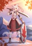  1girl alternate_costume animal_ear_fluff animal_ears armor artist_name autumn_leaves boots breastplate breasts breath brown_boots brown_gloves brown_skirt closed_mouth commentary_request faulds full_body futa_(nabezoko) gloves grey_hair hat highres holding holding_shield holding_sword holding_weapon inubashiri_momiji leaf leaf_print looking_at_viewer maple_leaf_print outdoors red_eyes red_hat shield skirt solo sword tail tokin_hat touhou watermark weapon wolf_ears wolf_girl wolf_tail 