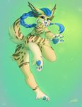  2016 anthro big_breasts black_eyes blue_hair blue_nose blue_pawpads blue_sclera blue_tongue braided_hair breasts brown_fur butt english_text feline female fur green_background hair long_hair looking_at_viewer low-angle_view lynx mammal nute open_mouth pawpads raised_leg raised_tail side_boob signature simple_background smile solo spots spunky_mutt stripes text 