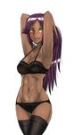  armpits arms_behind_head black_legwear black_lingerie black_thighhighs bleach blush breasts dark_skin high_ponytail light_smile lingerie long_hair looking_at_another midriff navel purple_hair shihouin_yoruichi showing_armpits standing thighhighs tied_hair toned twrlare underwear yellow_eyes 