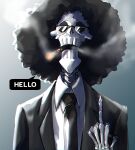  1boy afro black_jacket black_necktie black_suit brook_(one_piece) cigar collared_shirt english_text glasses highres jacket looking_at_viewer male_focus middle_finger necktie one_piece shirt sidelighting skeleton smoke solo suit tomatop white_shirt 