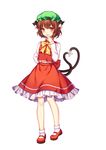  animal_ears bow bowtie brown_eyes brown_hair cat_ears cat_tail chen full_body hand_to_own_mouth hat heart heart_tail jewelry long_sleeves looking_at_viewer mary_janes mirror_(xilu4) mob_cap multiple_tails nekomata shirt shoes short_hair single_earring skirt skirt_set solo tachi-e tail touhou two_tails vest wavy_hair 