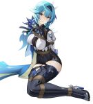  1girl absurdres black_boots black_hairband blue_eyes blue_hair boots bound breasts clenched_teeth clothing_cutout eula_(genshin_impact) genshin_impact hairband high-waist_shorts high_heel_boots high_heels highres iqbqlz large_breasts looking_at_viewer purple_eyes shirt shorts shoulder_cutout simple_background sitting solo teeth thigh_boots tied_up_(nonsexual) vision_(genshin_impact) white_background white_shirt yellow_eyes yokozuwari 