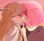  2girls amaori_renako black_shirt blush brown_hair closed_eyes closed_mouth commentary_request finger_to_mouth highres imminent_kiss index_finger_raised long_hair multiple_girls pink_hair purple_eyes rn_strb sena_ajisai shirt shushing smile watashi_ga_koibito_ni_nareru_wake_naijan_murimuri! white_shirt yuri 