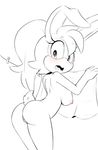  2016 anthro areola big_breasts blush breasts bunnie_rabbot butt clothing female fur hair hearlesssoul lagomorph long_hair looking_at_viewer looking_back mammal nipples nude open_mouth pussy rabbit raised_tail rear_view solo sonic_(series) surprise tongue 