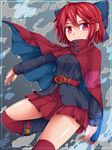  belt black_shirt blue_bow boots bow cape eyebrows eyebrows_visible_through_hair hair_between_eyes hair_bow long_sleeves looking_at_viewer miniskirt outstretched_arm over-kneehighs red_eyes red_hair red_legwear red_skirt sekibanki serious shirt short_hair skirt solo thighhighs touhou uumaru 
