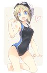  alice_margatroid back_cutout bangs blonde_hair blue_eyes breasts commentary_request competition_swimsuit eyebrows eyebrows_visible_through_hair goggles goggles_on_head hand_up heart kneeling looking_at_viewer medium_breasts one-piece_swimsuit open_mouth satou_kibi simple_background sketch smile solo swim_cap swimsuit tan_background touhou towel towel_on_head water_drop white_background 