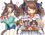  >_< 4girls :d :o ^_^ animal_ears arms_up bare_shoulders blonde_hair blue_eyes blue_hair blue_necktie blue_ribbon blue_skirt bow bowtie brown_hair bucket_of_chicken burger camisole chicken_(food) chicken_leg closed_eyes commentary_request daitaku_helios_(umamusume) ear_bow ear_covers ear_ornament eating fang food french_fries fried_chicken frilled_skirt frills gold_city_(umamusume) green_jacket hair_between_eyes hair_ornament hair_ribbon holding holding_burger holding_food horse_ears horse_girl horse_tail invisible_chair iro_178 jacket kfc long_hair long_sleeves looking_at_viewer mejiro_palmer_(umamusume) multicolored_hair multicolored_nails multiple_girls nail_polish necktie open_mouth orange_nails pleated_skirt ponytail puffy_short_sleeves puffy_sleeves purple_bow purple_bowtie purple_eyes purple_shirt ribbon sailor_collar sailor_shirt school_uniform shirt short_sleeves sitting skirt smile spaghetti_strap star_(symbol) star_hair_ornament streaked_hair summer_uniform table tail thighhighs tosen_jordan_(umamusume) tracen_school_uniform translation_request twintails umamusume white_background white_camisole white_skirt white_thighhighs yellow_nails 