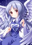  1girl angel angel_wings blue_dress blue_hair blue_theme blush breasts collared_shirt commentary dress eyelashes genderswap genderswap_(otf) highres long_hair long_sleeves multiple_wings one-hour_drawing_challenge pointing red_eyes ruu_(tksymkw) sariel_(touhou) shirt small_breasts smile touhou touhou_(pc-98) upper_body very_long_hair wand white_shirt wide_sleeves wings 