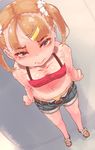  1girl blonde_hair blush clenched_fist denim_shorts from_above grey_eyes hair_ornament loli midriff navel outdoors panties sandals shimetta_seiya small_breasts tank_top tears twintails 
