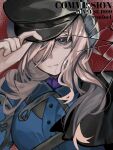  1girl :| adjusting_clothes adjusting_headwear airtree black_cape black_hat blue_jacket broken_glass cape character_name closed_mouth commission glass hair_ornament hair_over_one_eye hand_on_headwear hand_up hat highres jacket long_hair looking_at_viewer military_uniform red_background reverse:1999 sentinel_(reverse:1999) side_cape solo upper_body 