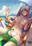  1girl armlet artist_name beach beach_towel beach_umbrella between_legs bikini blue_sky bracelet breasts chair character_name cloud coast creature cup drinking_glass erect_nipples eyebrows eyebrows_visible_through_hair eyes_closed fingernails folding_chair front-tie_bikini front-tie_top highres holding_glass horizon jewelry large_breasts league_of_legends light_smile long_fingernails looking_at_viewer navel outdoors parted_lips ponytail qaz2365643 red_eyes ribbon riven_(league_of_legends) sand shade shore short_hair silhouette silver_hair sitting sky sleeping slime stomach summer swimsuit tattoo umbrella underboob water watermark web_address white_bikini white_ribbon wine_glass zac 