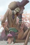  2boys afro black_hair brook_(one_piece) brown_suit closed_eyes cross cup gloves hat highres holding holding_cup multiple_boys necktie one_piece outdoors skeleton sleeping sleeping_on_person smoke suit tomatop tony_tony_chopper 