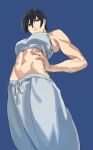  1girl abs bare_arms bare_shoulders black_hair blue_background bra breasts cowboy_shot darao_(daradara_suyaaa) from_below grey_bra grey_eyes grey_pants hair_between_eyes hand_on_own_hip highres looking_at_viewer medium_breasts midriff mikasa_ackerman muscular muscular_female pants scar scar_on_cheek scar_on_face shingeki_no_kyojin short_hair solo sweatpants twitter_username underwear 