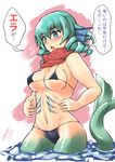  bikini black_bikini blue_eyes blue_hair blush breasts commentary_request covered_nipples curly_hair fins fish_tail flying_sweatdrops gills head_fins highres hips medium_breasts mermaid micro_bikini monster_girl navel outline partially_submerged ryuuno_stadtfeld scarf shiny shiny_hair short_hair signature solo swimsuit tail thighs touhou translation_request wading wakasagihime water 