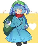  ;d backpack bad_id bad_twitter_id bag black_legwear blue_dress blue_eyes blue_gloves blue_hair blush cropped_legs dress gloves grin hair_bobbles hair_ornament hat kawashiro_nitori long_sleeves looking_at_viewer nose_blush one_eye_closed open_mouth pantyhose pocket red_scarf scarf shirt short_hair skirt skirt_set smile solo tori_(otori) touhou twintails twitter_username two_side_up v wings 