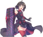  1girl ahoge alpha_transparency archived_source armor armored_dress artist_request bare_shoulders black_armor black_bracer black_gloves black_thighhighs bob_cut bracer cowboy_shot cuirass detached_sleeves dress faulds floral_print gem gloves grey_eyes holding holding_shield itai_no_wa_iya_nano_de_bougyoryoku_ni_kyokufuri_shitai_to_omoimasu legs_together looking_at_viewer maple_(bofuri) nexon official_art open_hand open_mouth print_armor red_gemstone red_sleeves rose_print second-party_source shield shirt sidelocks simple_background sleeveless sleeveless_shirt solo tales_weaver teeth thighhighs tongue transparent_background turtleneck turtleneck_shirt upper_teeth_only waist_cape 