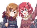  2girls :d aqua_eyes argyle argyle_scarf arm_up bag bag_charm bangs blue_coat blush brown_hair charm_(object) coat duffel_coat eneco holding_strap kunikida_hanamaru kurosawa_ruby long_sleeves looking_at_viewer love_live! love_live!_sunshine!! medium_hair multiple_girls open_mouth polka_dot polka_dot_scrunchie red_coat red_hair red_scarf scarf school_bag scrunchie simple_background smile striped striped_scarf two_side_up upper_body white_background white_scarf yellow_eyes 