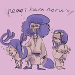  1girl 2boys afro antlers brook_(one_piece) eyewear_on_head hat holding holding_stuffed_toy horns japanese_clothes kimono monochrome multiple_boys nico_robin one_piece reindeer_antlers sash skeleton squeans stuffed_toy tomatop tony_tony_chopper wide_sleeves 