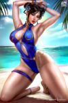  1girl absurdres armpits artist_name beach black_hair blue_flower blue_one-piece_swimsuit breasts brown_eyes chun-li cloud earrings flower hair_flower hair_ornament highres jewelry kneeling lips logan_cure ocean one-piece_swimsuit palm_leaf parted_lips patreon_username shadow sky solo street_fighter street_fighter_6 swimsuit twitter_username 