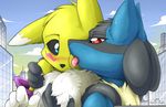  ambiguous_gender blue_eyes blush digimon kissing licking lucario nintendo pok&eacute;mon red_eyes renamon s2-freak tongue tongue_out video_games 