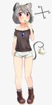  alternate_costume animal_ears ankle_boots bare_legs bare_shoulders basket blush boots brown_footwear brown_shirt casual cheese collarbone eating food frilled_sleeves frills gem grey_background grey_hair grey_legwear hand_in_pocket highres holding holding_food jewelry kyuu-fairy000 mouse_ears mouse_tail nazrin necklace off-shoulder_shirt open_mouth pigeon-toed pocket puffy_short_sleeves puffy_sleeves red_eyes sapphire_(stone) shirt short_hair short_shorts short_sleeves shorts simple_background socks solo standing tail tail_hold touhou white_shorts wrapper 