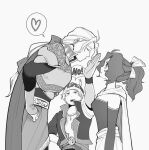  1girl 2boys armor breastplate breasts cape closed_eyes dress earrings edgar_roni_figaro final_fantasy final_fantasy_vi gloves greyscale hair_bobbles hair_ornament hair_ribbon headscarf heart ika_okura_66 imminent_kiss jacket jewelry locke_cole long_hair looking_at_another low_ponytail medium_breasts monochrome multi-tied_hair multiple_boys open_mouth parted_bangs parted_lips ponytail print_shirt puckered_lips ribbon sash shirt short_hair shoulder_armor single_glove spoken_heart strapless strapless_dress terra_branford tube_dress upper_body waist_sash white_background 