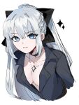  1girl black_bow black_choker blue_eyes bow braid choker fate/grand_order fate_(series) hair_between_eyes hair_bow half_up_braid highres jewelry long_hair looking_at_viewer luluchan444 morgan_le_fay_(fate) necklace ponytail simple_background smile solo very_long_hair white_background white_hair 