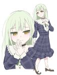  1girl bang_dream! bang_dream!_it's_mygo!!!!! black_choker blue_eyes choker commentary dress frilled_choker frills full_body green_hair highres long_hair melty_lubll multiple_views plaid_clothes plaid_dress simple_background socks wakaba_mutsumi white_background white_socks yellow_eyes 